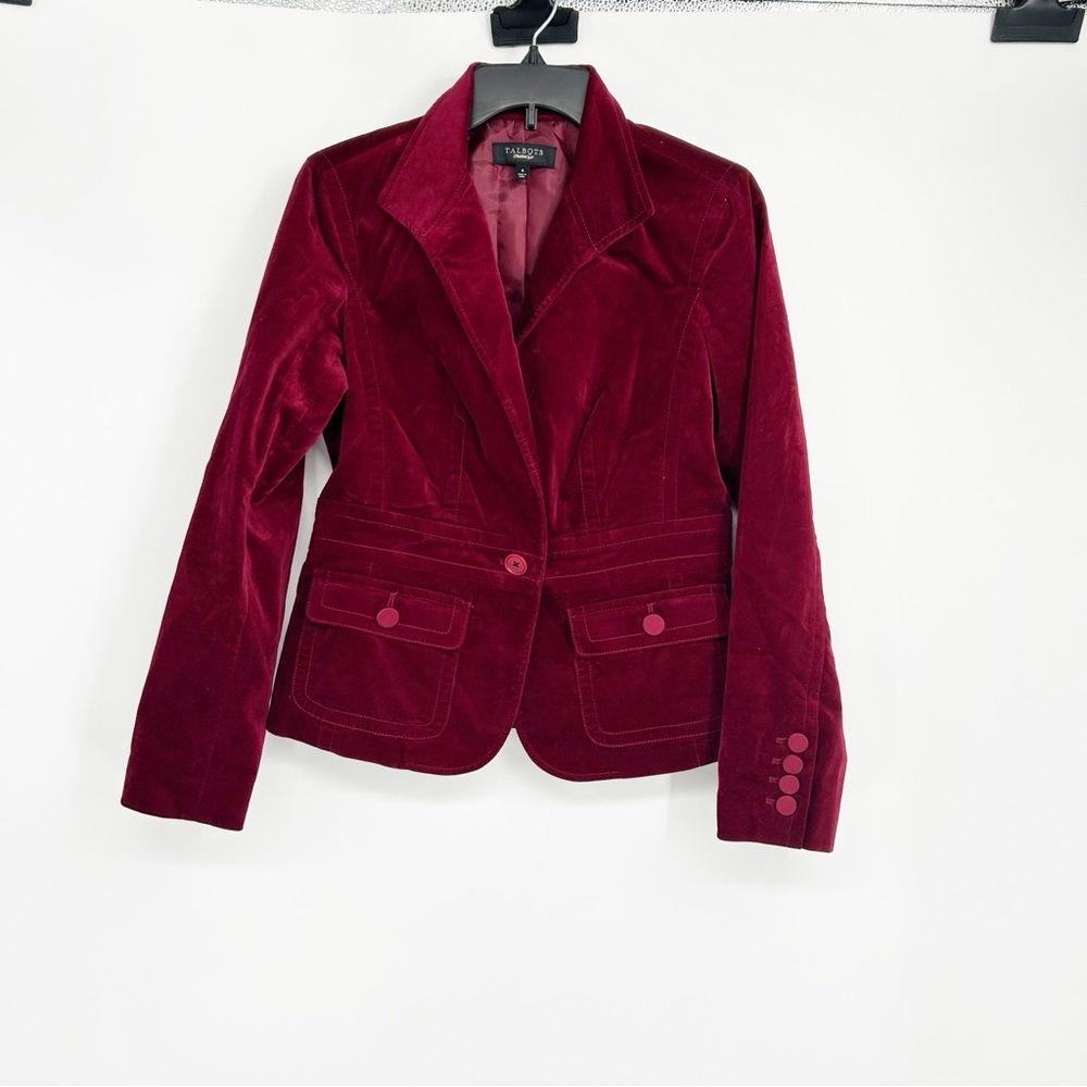Talbots Blazer Women 4 Burgundy‎ Velvet Single Button Tailored Peplum Jacket